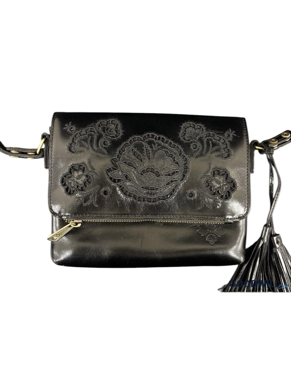 Patricia Nash Black Corfu Leather Crossbody Bag Tooled Lace Floral Purse OS - Picture 9 of 10
